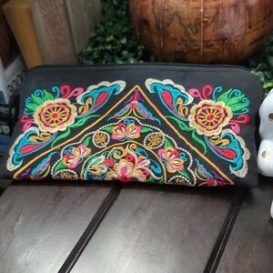 Black Embroidered Floral Geometric Wallet
